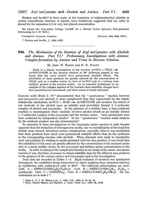934. The mechanism of the reaction of aryl isocyanates with alcohols and amines. Part VI. Preliminary investigations with amines: complex-formation by amines and ureas in benzene solution