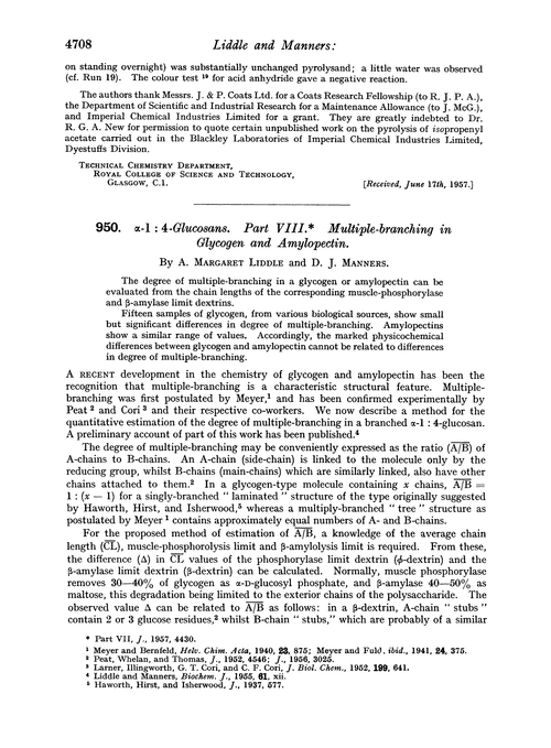 950. α-1 : 4-Glucosans. Part VIII. Multiple-branching in glycogen and amylopectin