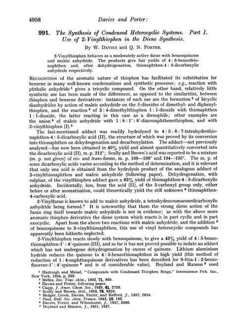 991. The synthesis of condensed heterocyclic systems. Part I. Use of 2-vinylthiophen in the diene synthesis