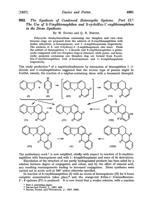 992. The synthesis of condensed heterocyclic systems. Part II. The use of 3-vinylthionaphthen and 3-cyclohex-1′-enylthionaphthen in the diene synthesis