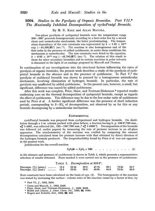 1004. Studies in the pyrolysis of organic bromides. Part VII. The maximally inhibited decomposition of cyclopentyl bromide