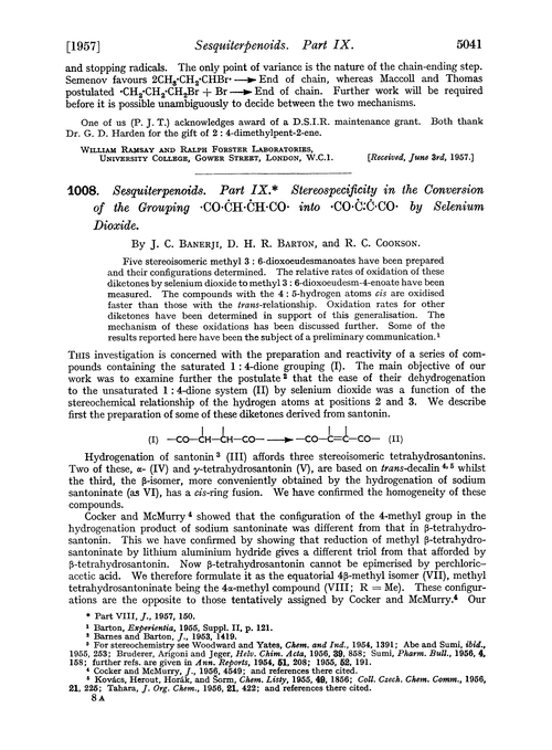 1008. Sesquiterpenoids. Part IX. Stereospecificity in the conversion of the grouping ·CO·ĊH·ĊH·CO· into ·CO·Ċ:Ċ·CO· by selenium dioxide