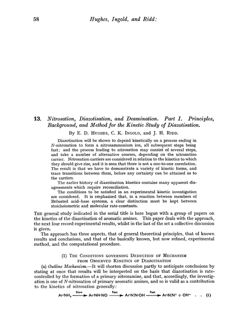 13. Nitrosation, diazotisation, and deamination. Part I. Principles, background, and method for the kinetic study of diazotisation