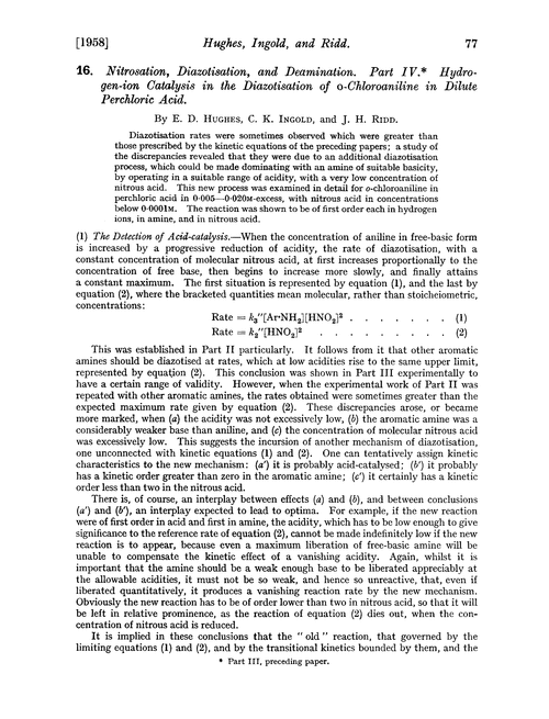 16. Nitrosation, diazotisation, and deamination. Part IV. Hydrogen-ion catalysis in the diazotisation of o-chloroaniline in dilute perchloric acid