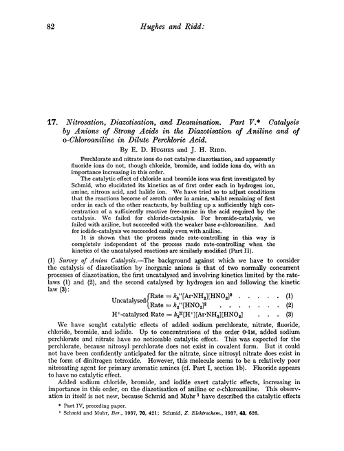 17. Nitrosation, diazotisation, and deamination. Part V. Catalysis by anions of strong acids in the diazotisation of aniline and of o-chloroaniline in dilute perchloric acid