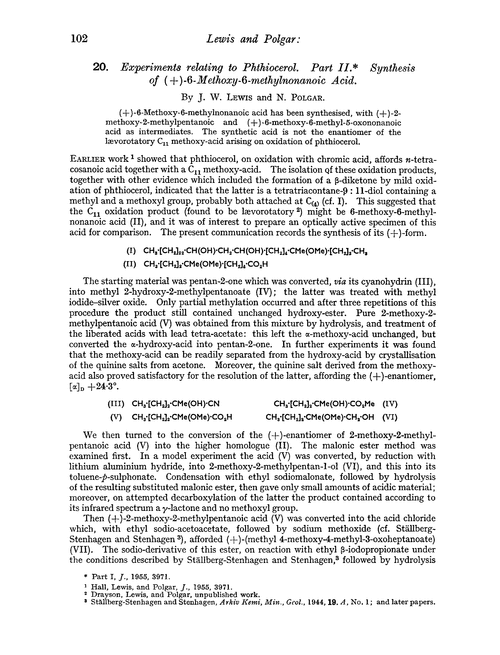 20. Experiments relating to phthiocerol. Part II. Synthesis of (+)-6-methoxy-6-methylnonanoic acid