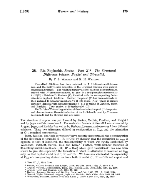 38. The euphorbia resins. Part X. The structural difference between euphol and tirucallol