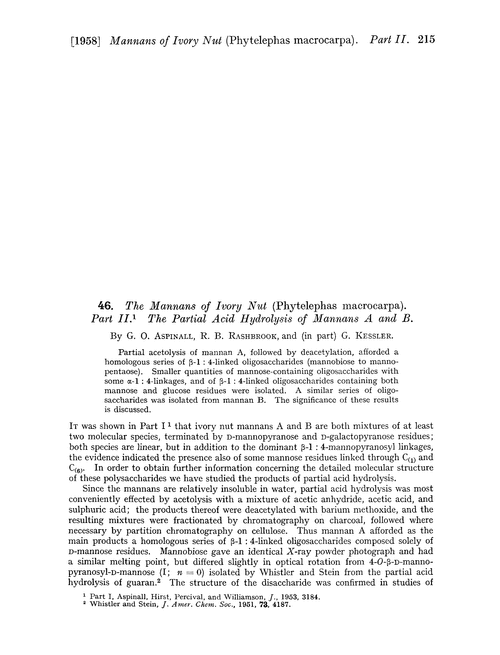 46. The mannans of ivory nut (phytelephas macrocarpa). Part II. The partial acid hydrolysis of mannans A and B