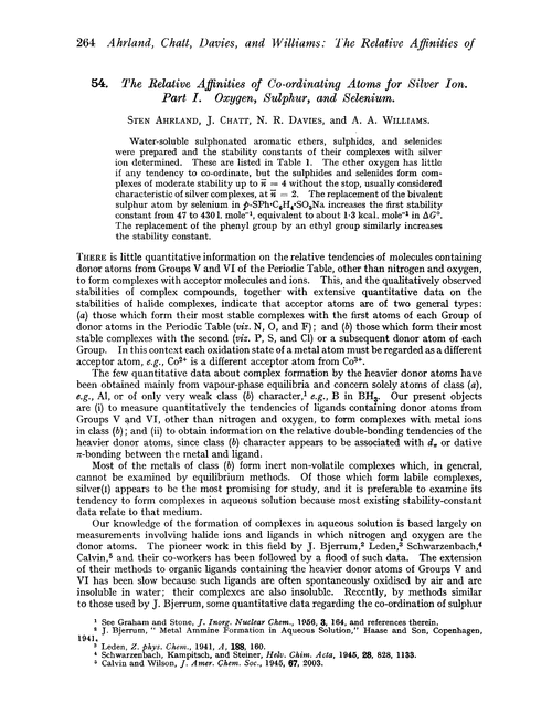 54. The relative affinities of co-ordinating atoms for silver ion. Part I. Oxygen, sulphur, and selenium