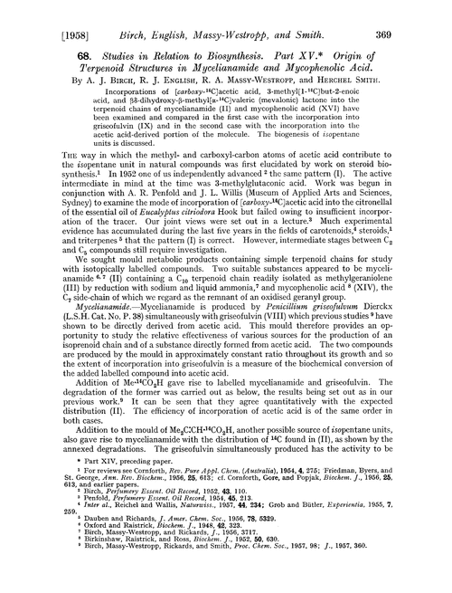 68. Studies in relation to biosynthesis. Part XV. Origin of terpenoid structures in mycelianamide and mycophenolic acid