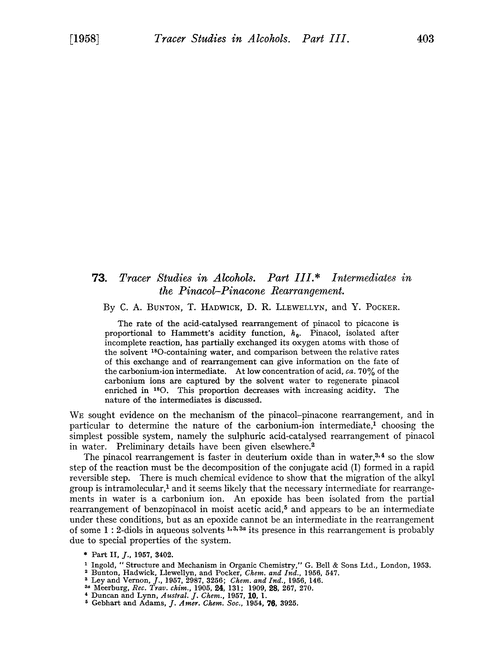73. Tracer studies in alcohols. Part III. Intermediates in the pinacol–pinacone rearrangement