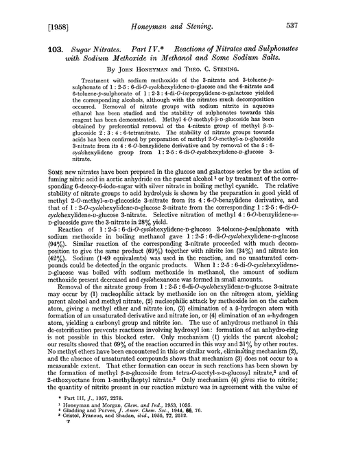 103. Sugar nitrates. Part IV. Reactions of nitrates and sulphonates with sodium methoxide in methanol and some sodium salts