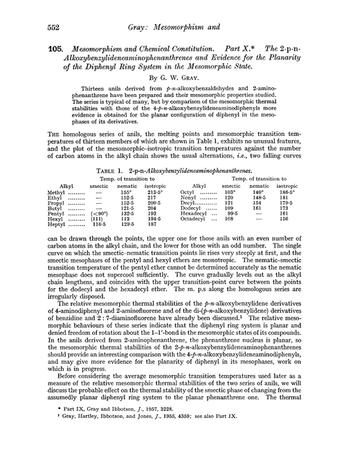 105. Mesomorphism and chemical constitution. Part X. The 2-p-n-alkoxybenzylideneaminophenanthrenes and evidence for the planarity of the diphenyl ring system in the mesomorphic state