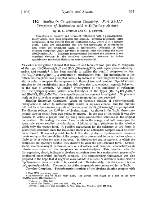 110. Studies in co-ordination chemistry. Part XVII. Complexes of ruthenium with a di(tertiary arsine)