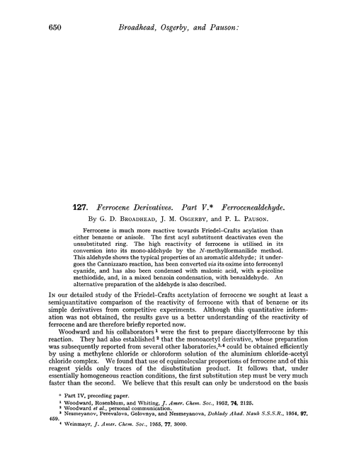 127. Ferrocene derivatives. Part V. Ferrocenealdehyde