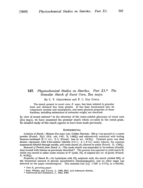137. Physicochemical studies on starches. Part XI. The granular starch of sweet corn, Zea mays