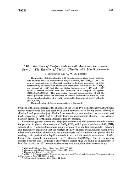 146. Reactions of tin(IV) halides with ammonia derivatives. Part I. The reaction of tin(IV) chloride with liquid ammonia