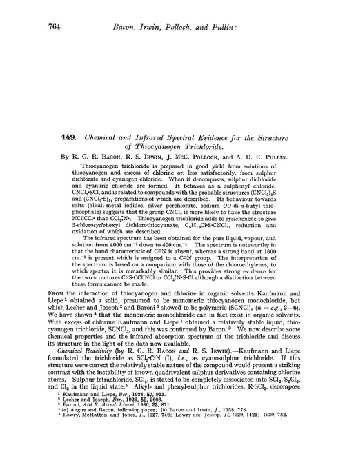 149. Chemical and infrared spectral evidence for the structure of thiocyanogen trichloride