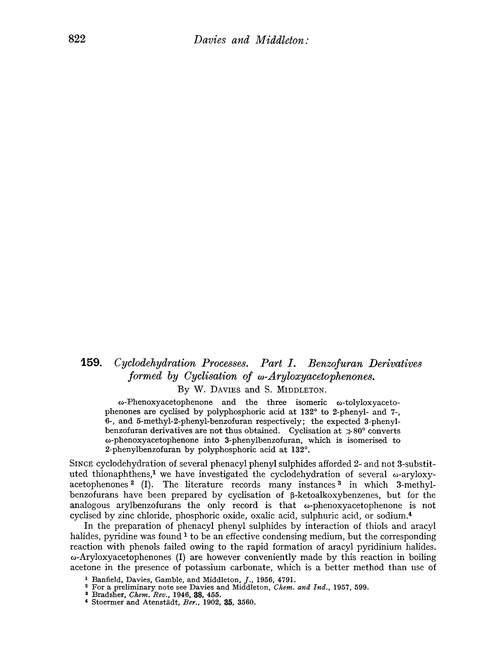 159. Cyclodehydration processes. Part I. Benzofuran derivatives formed by cyclisation of ω-aryloxyacetophenones