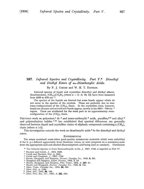 187. Infrared spectra and crystallinity. Part V. Dimethyl and diethyl esters of αω-dicarboxylic acids