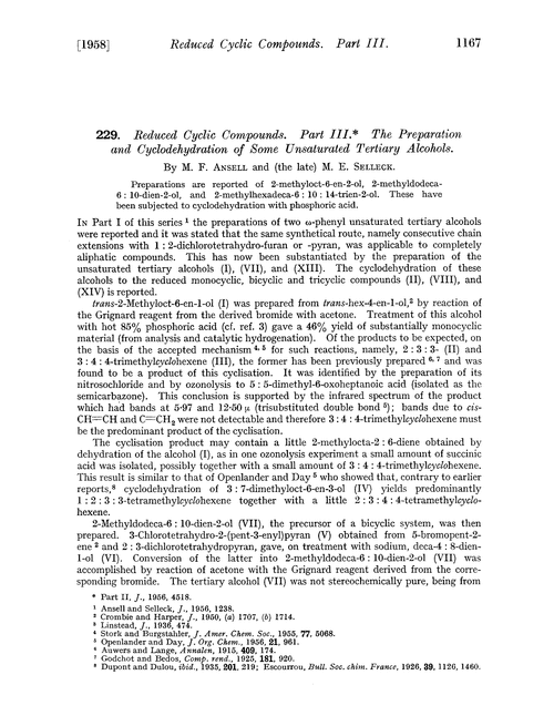 229. Reduced cyclic compounds. Part III. The preparation and cyclodehydration of some unsaturated tertiary alcohols