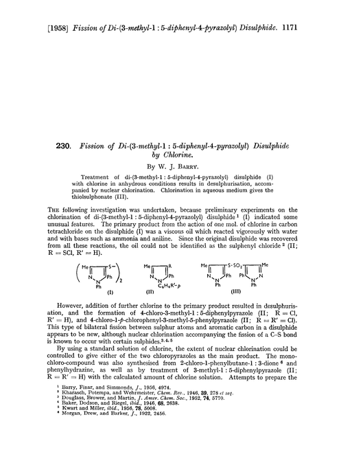 230. Fission of di-(3-methyl-1 : 5-diphenyl-4-pyrazolyl) disulphide by chlorine