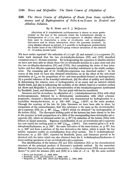 236. The steric course of alkylation of enols from some cyclohexanones and of hydrogenation of selin-4-en-3-ones in neutral and alkaline solution