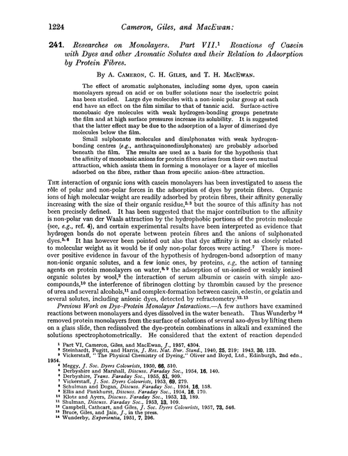 241. Researches on monolayers. Part VII. Reactions of casein with dyes and other aromatic solutes and their relation to adsorption by protein fibres
