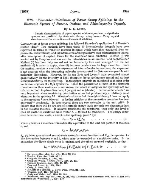 271. First-order calculation of factor group splittings in the electronic spectra of durene, ovalene, and phthalocyanine crystals