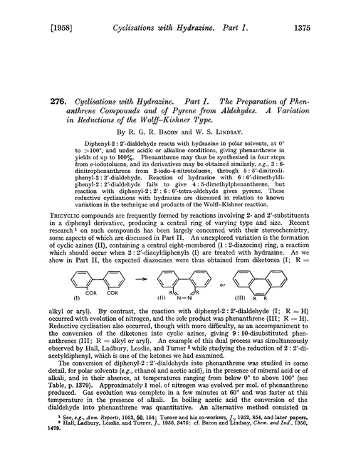 276. Cyclisations with hydrazine. Part I. The preparation of phenanthrene compounds and of pyrene from aldehydes. A variation in reductions of the Wolff–Kishner type