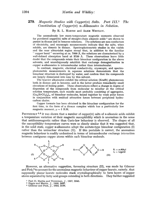 279. Magnetic studies with copper(II) salts. Part III. The constitution of copper(II)n-alkanoates in solution