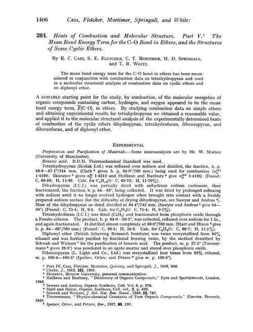 281. Heats of combustion and molecular structure. Part V. The mean bond energy term for the C–O bond in ethers, and the structures of some cyclic ethers