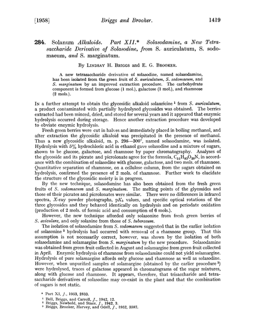 284. Solanum alkaloids. Part XII. Solasodamine, a new tetrasaccharide derivative of solasodine, from S. auriculatum, S. sodomaeum, and S. marginatum