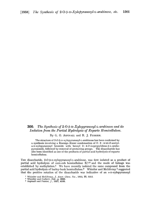 300. The synthesis of 2-O-β-D-xylopyranosyl-L-arabinose and its isolation from the partial hydrolysis of esparto hemicellulose