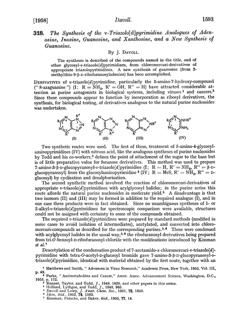 318. The synthesis of the v-triazolo[d]pyrimidine analogues of adenosine, inosine, guanosine, and xanthosine, and a new synthesis of guanosine