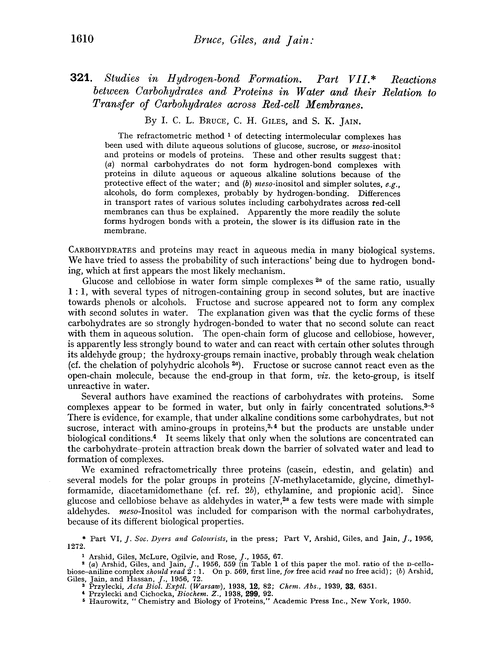 321. Studies in hydrogen-bond formation. Part VII. Reactions between carbohydrates and proteins in water and their relation to transfer of carbohydrates across red-cell membranes