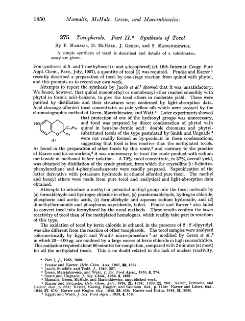 375. Tocopherols. Part II. Synthesis of tocol