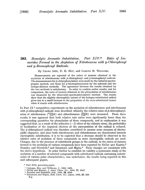 383. Homolytic aromatic substitution. Part XIV. Ratio of isomerides formed in the arylation of nitrobenzene with p-chlorophenyl and p-bromophenyl radicals