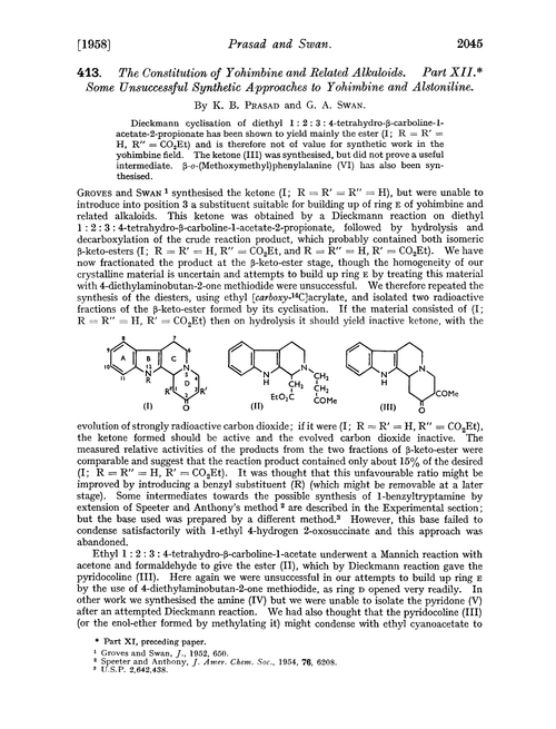 413. The constitution of yohimbine and related alkaloids. Part XII. Some unsuccessful synthetic approaches to yohimbine and alstoniline