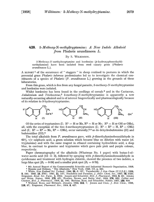 428. 5-Methoxy-N-methyltryptamine: a new indole alkaloid from Phalaris arundinacea L.