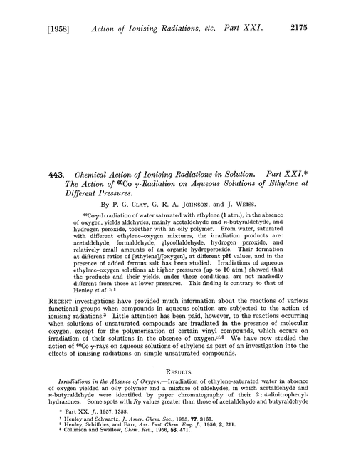 443. Chemical action of ionising radiations in solution. Part XXI. The action of 60Co γ-radiation on aqueous solutions of ethylene at different pressures