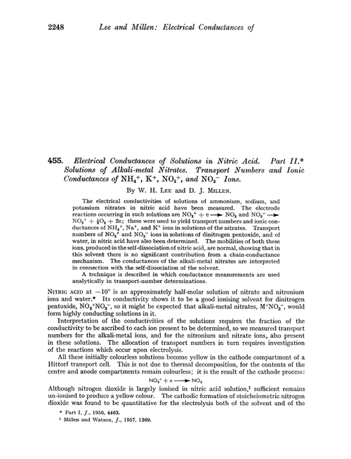 455. Electrical conductances of solutions in nitric acid. Part II. Solutions of alkali-metal nitrates. Transport numbers and ionic conductances of NH4+, K+, NO2+, and NO3– ions