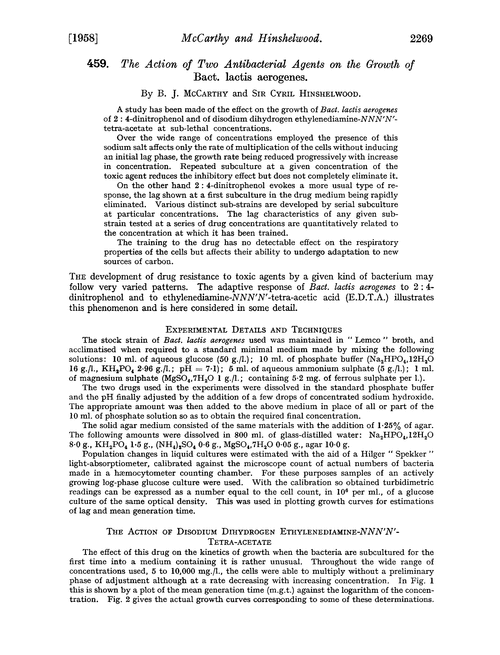 459. The action of two antibacterial agents on the growth of Bact. lactis aerogenes