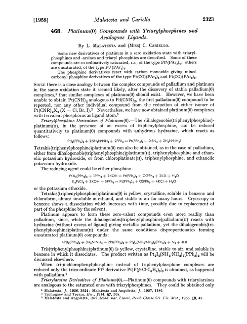 468. Platinum(0) compounds with triarylphosphines and analogous ligands