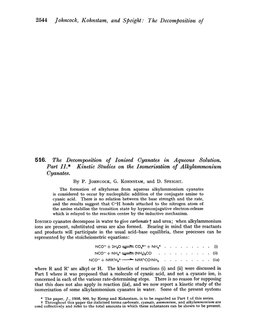 516. The decomposition of ionised cyanates in aqueous solution. Part II. Kinetic studies on the isomerisation of alkylammonium cyanates