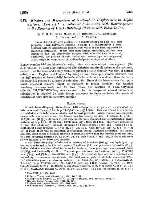 519. Kinetics and mechanisms of nucleophilic displacement in allylic systems. Part IX. Bimolecular substitution with rearrangement in the reaction of 1-tert.-butylallyl chloride with ethoxide ion