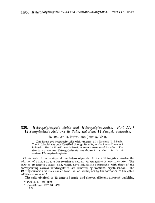 526. Heteropolytungstic acids and heteropolytungstates. Part III. 12-Tungstozincic acid and its salts, and some 12-tungsto-3-zincates