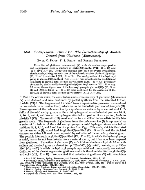 542. Triterpenoids. Part LV. The stereochemistry of alcohols derived from glutinone (alnusenone)