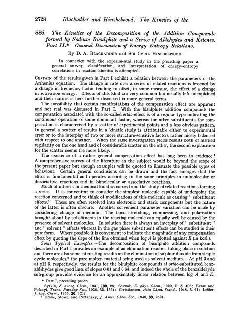 555. The kinetics of the decomposition of the addition compounds formed by sodium bisulphite and a series of aldehydes and ketones. Part II. General discussion of energy–entropy relations