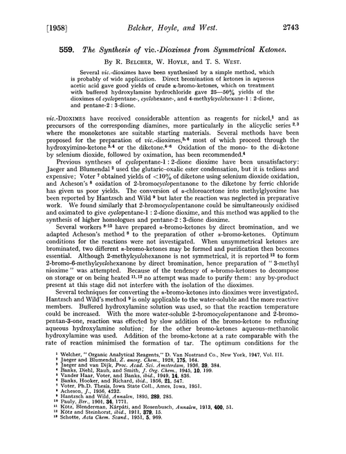 559. The synthesis of vic.-dioximes from symmetrical ketones